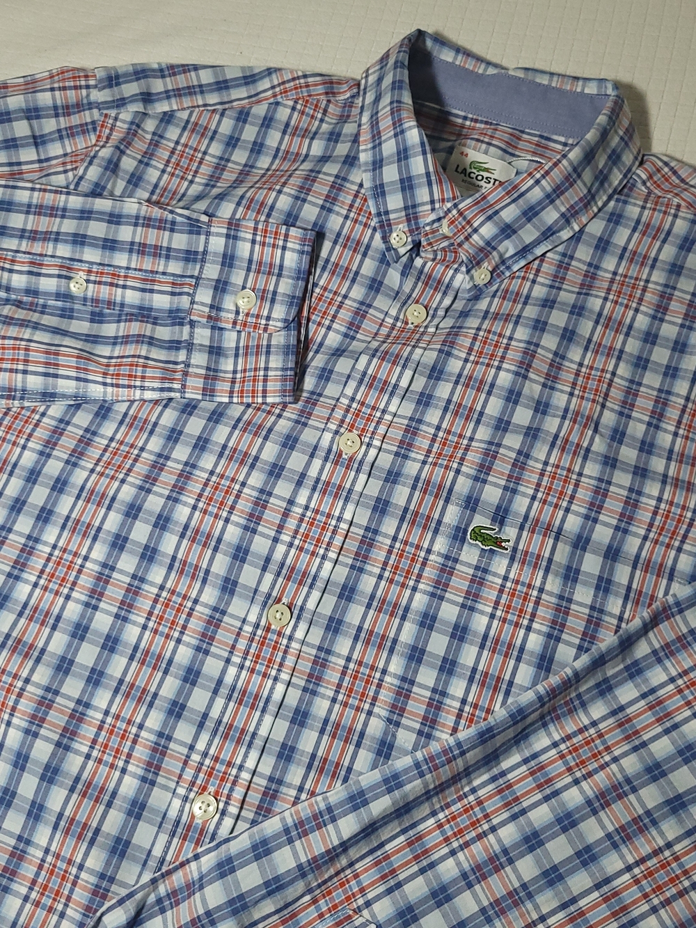 Lacoste Men Regular Fit Plaid Poplin Shirt Long Sleeve Blue Red Size 44 XL NWOT